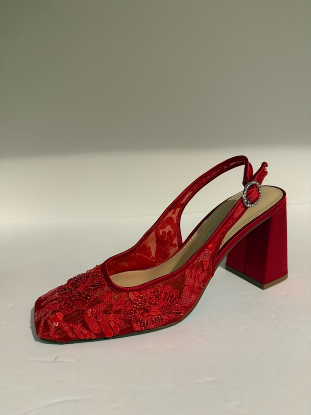 Betsey Johnson Red Embroidered Slingback Block Heel